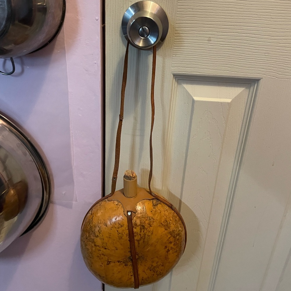 Gourd Water Jug Canteen Bottle Cantina Vtg Leather Strap /Details Native Tribal?